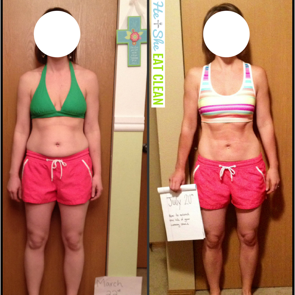 before and after of female weight loss. first picture with green sports bra and pink shorts, after with multi sports bra and pink shorts