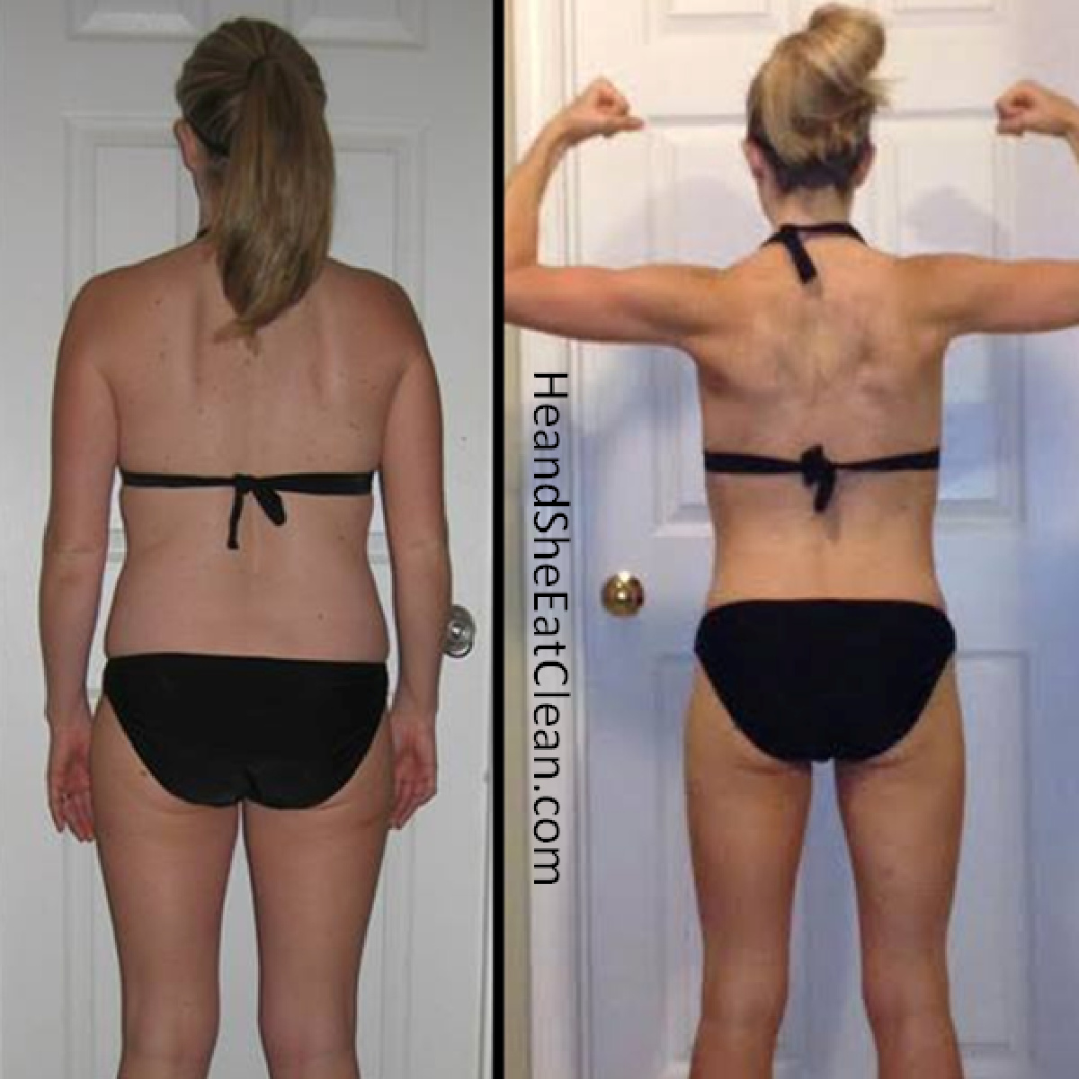 before and after of a female weight loss in a black bikini - flexing