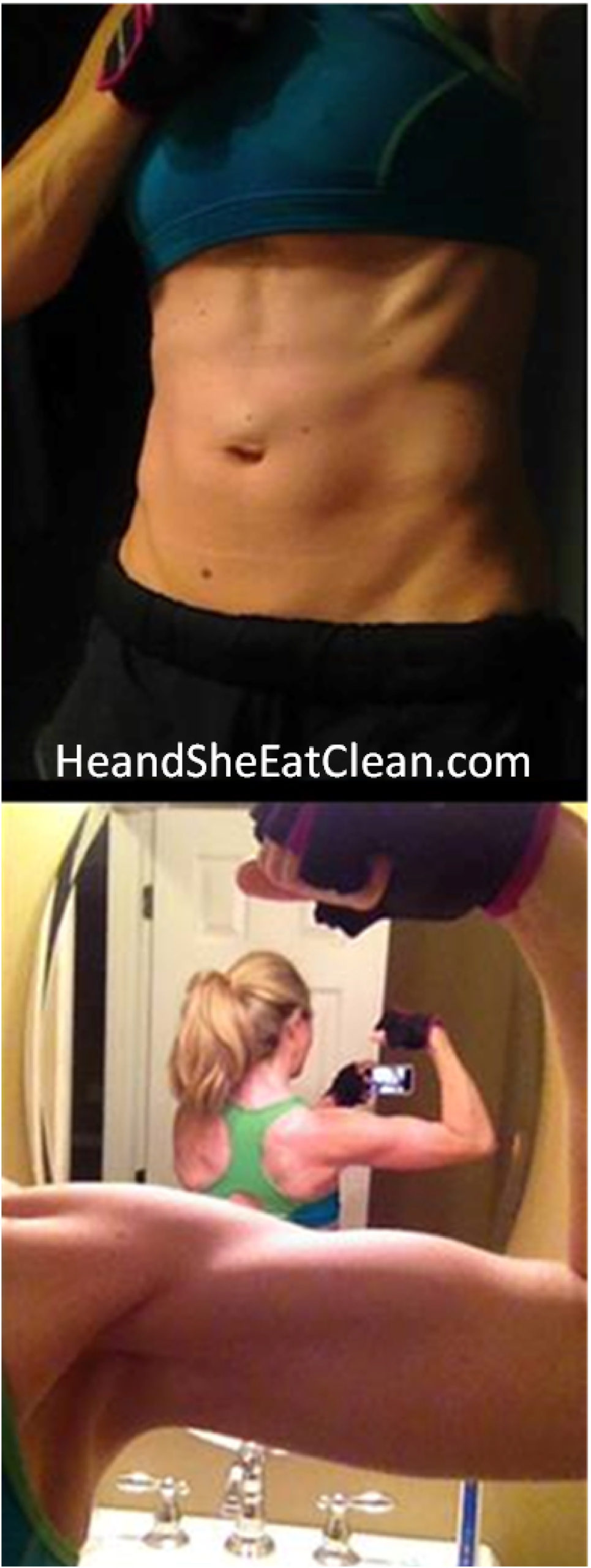 vertical collage of female flexing in top picture frontal and from behind in the bottom picture