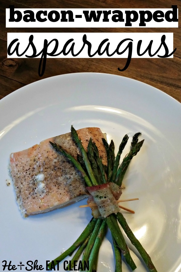 white plate with salmon and bacon wrapped asparagus