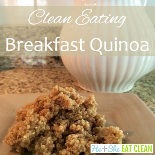 quinoa on a beige plate - text reads clean eating breakfast quinoa
