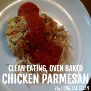 chicken parmesan with noodles and red sauce on a white plate square image