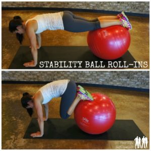 female in a gym with text that reads stability ball ab roll-ins