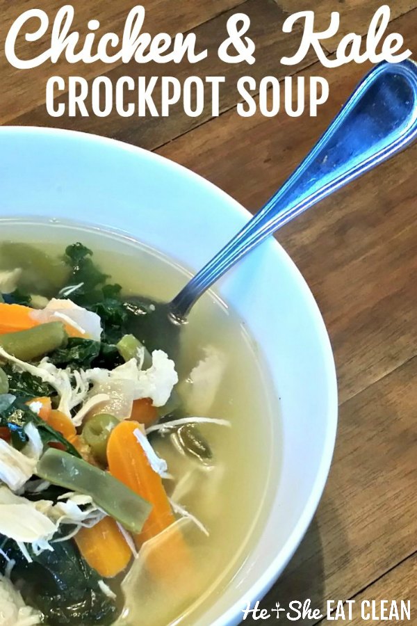 white bowl of chicken and kale soup with text that reads chicken and kale soup