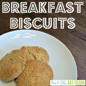biscuits stacked on a white plate with text that reads low carb, paleo breakfast biscuits square image