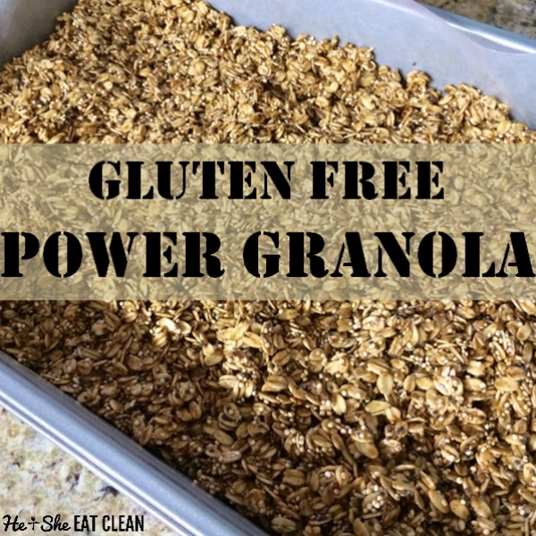 gluten free power granola in a silver pan on a granite countertop