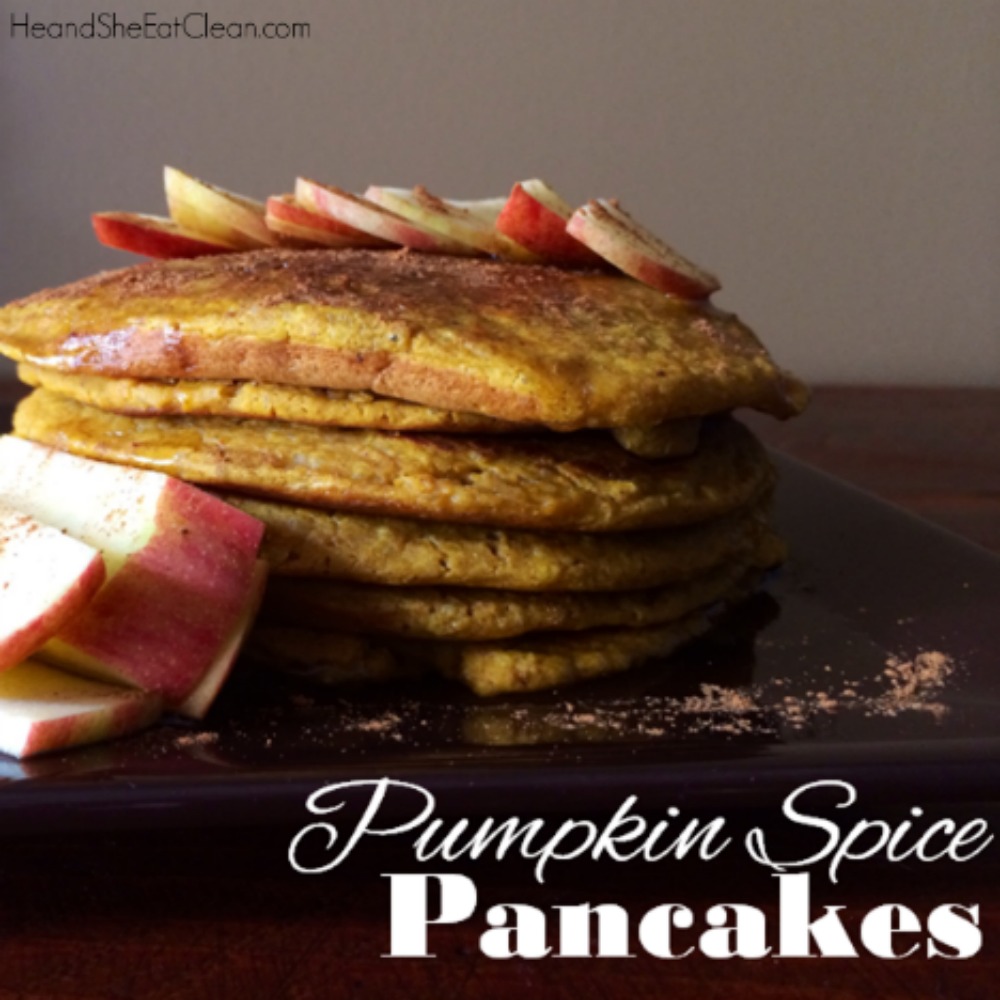 stack of pumpkin pancakes with apples sliced on top