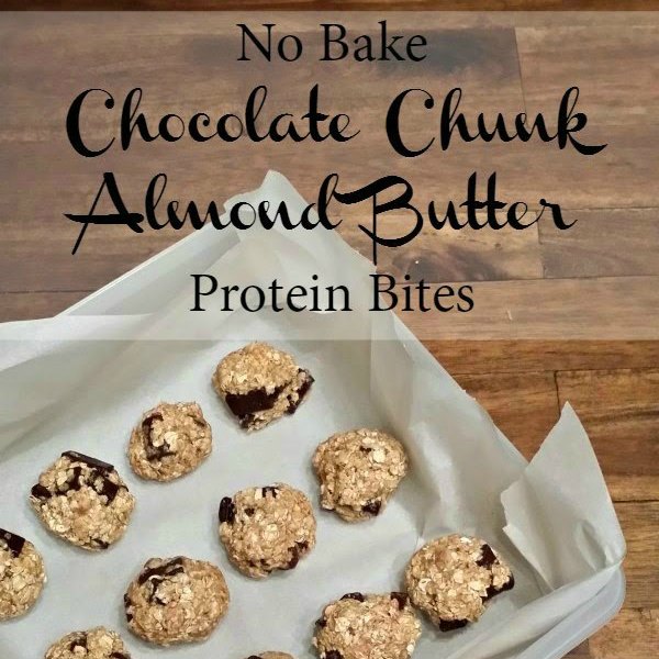 chocolate chunk bites on a pan lined with parchment paper with text that reads no bake chocolate chunk almond butter protein bites square image