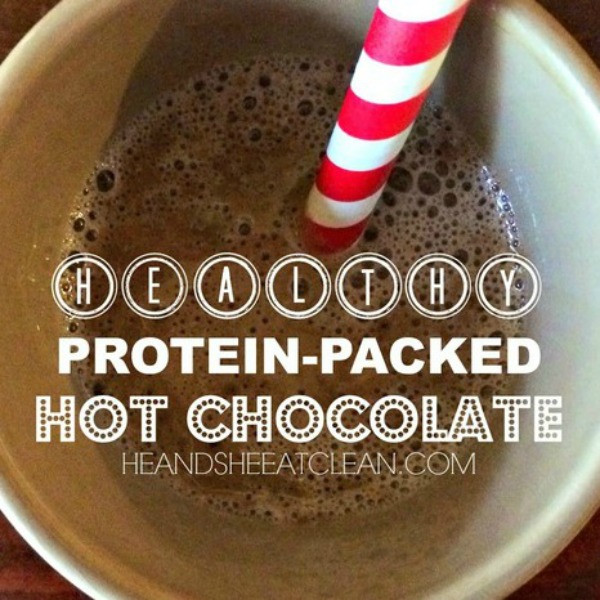 mug of hot chocolate with text that reads healthy protein packed hot chocolate