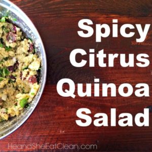 bowl of spicy citrus quinoa salad on a wooden table