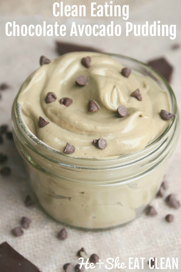 avocado pudding topped with chocolate chips in a glass jar