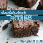 chocolate protein bars cut into squares with text that reads chocolate chunk protein bars