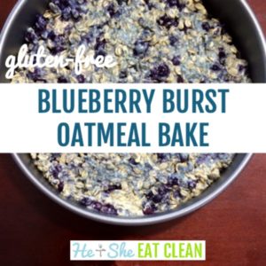 pan of oatmeal bake with blueberries with text that reads gluten free blueberry burst oatmeal bake square image