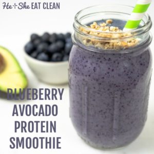 smoothie in a mason jar with granola on top with text that reads blueberry avocado protein smoothie with avocado and blueberries in the background