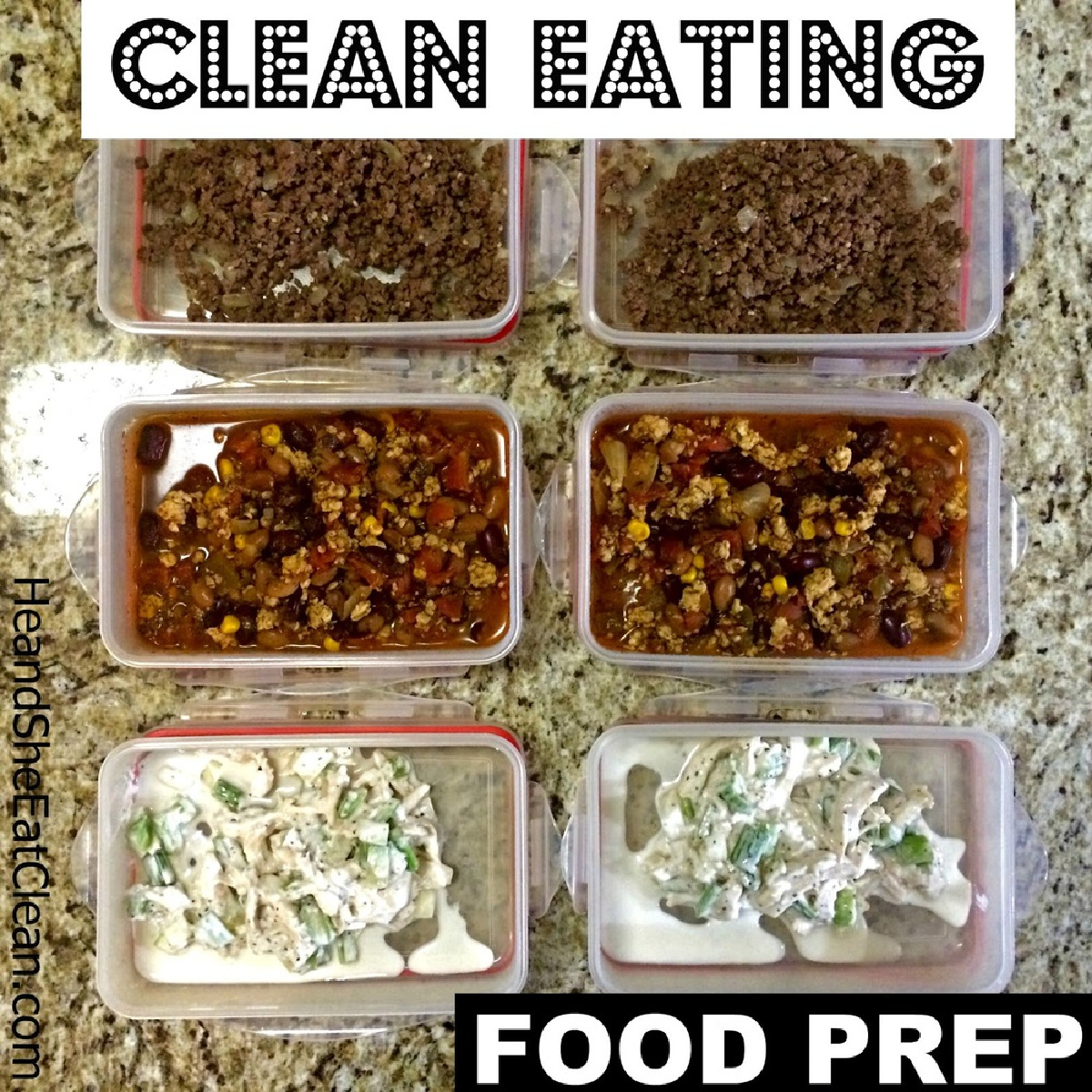 6 different containers with food prepped on a granite countertop. Text reads Clean Eating Food Prep