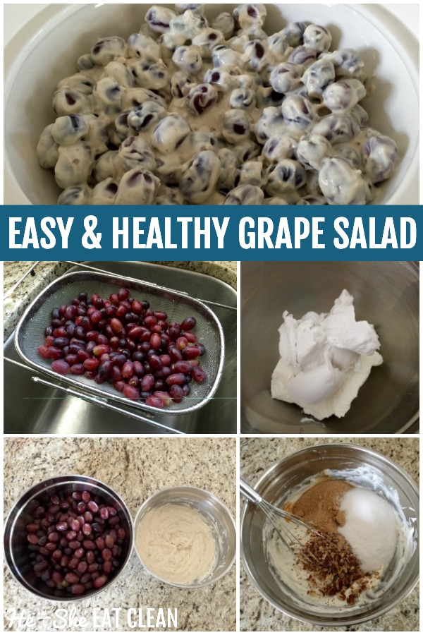 bowl of grape salad in a white bowl with step by step pictures