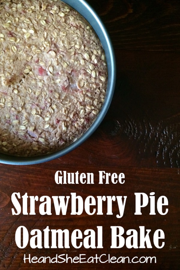 strawberry pie oatmeal bake in a silver pan on a wooden table