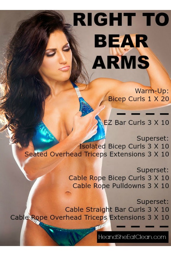 female with brown hair flexing in a blue swimsuit with an arm workout listed