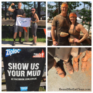 4 photo collage of pictures from the Tough Mudder race. Top left is male and female before, right after with mud, lower left is a show us your mud sign, and right is muddy shoes