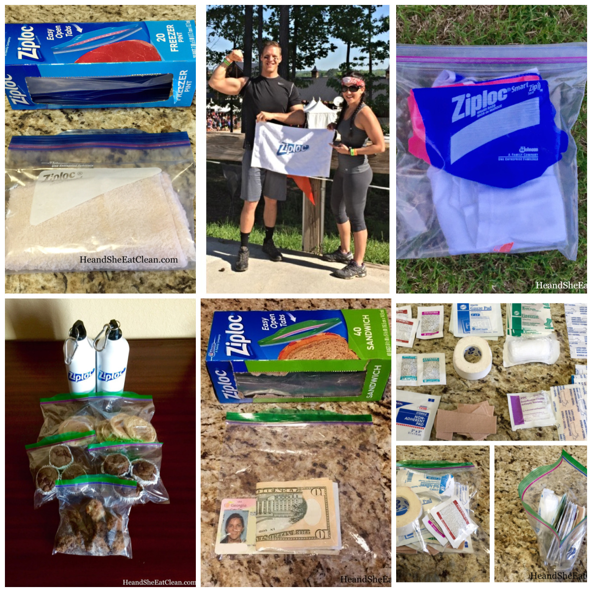 collage of 5 different ways to use a ziploc bag in the Tough Mudder race
