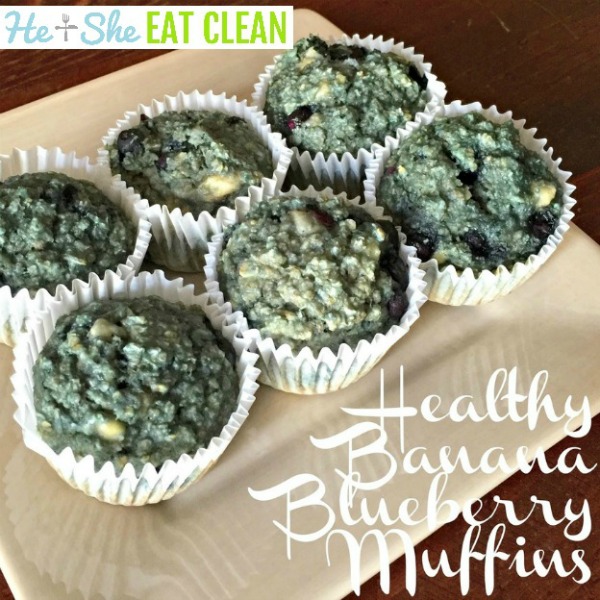 plate of healthy banana blueberry muffins