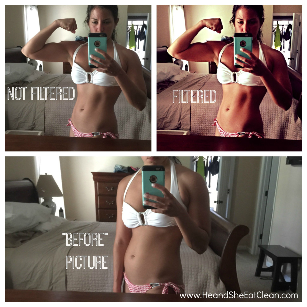 3 picture collage of female flexing in the mirror