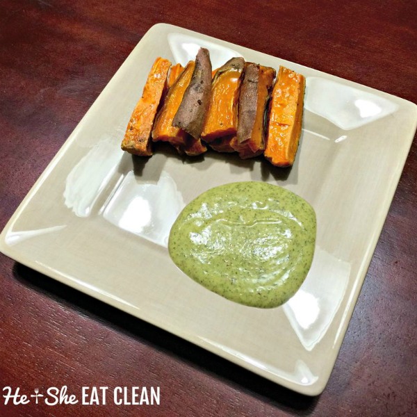 beige plate with sweet potato wedges and green chipotle ranch dip