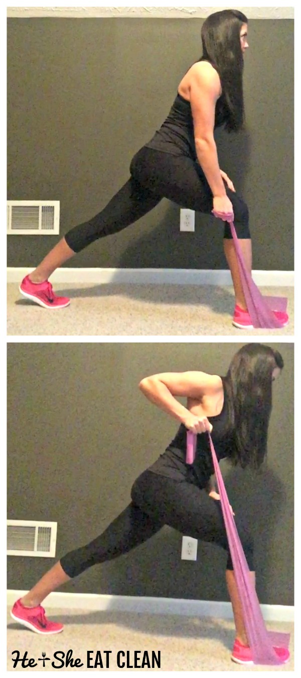 female doing back rows with a resistance band