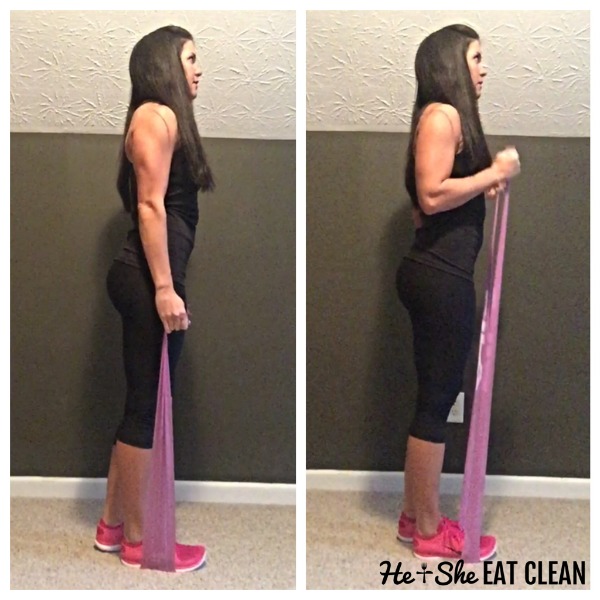 female doing bicep curls with resistance band