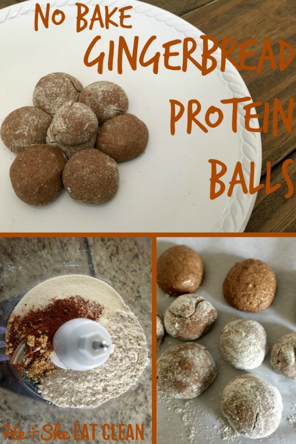 gingerbread protein balls on a white plate collage