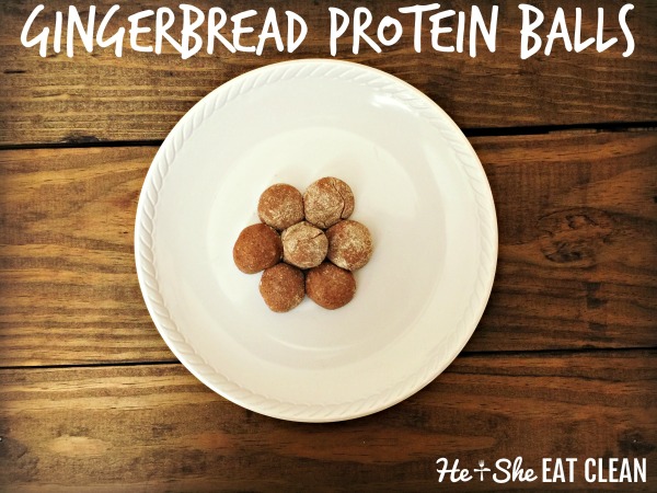gingerbread protein balls on a white plate on a wooden table