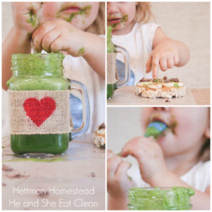 collage images of baby eat a green smoothie
