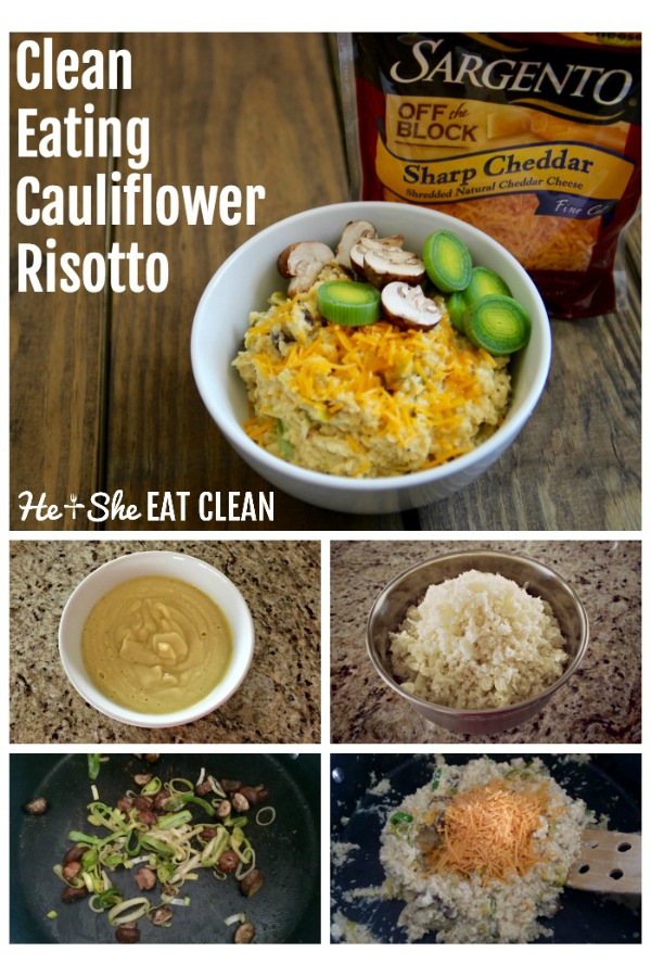 white bowl filled with This recipe is AMAZING. Low Carb Clean Eating Cauliflower Risotto on a wooden table collage of steps