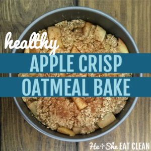 silver pan of apple oatmeal bake with text that reads healthy apple crisp oatmeal bake square image
