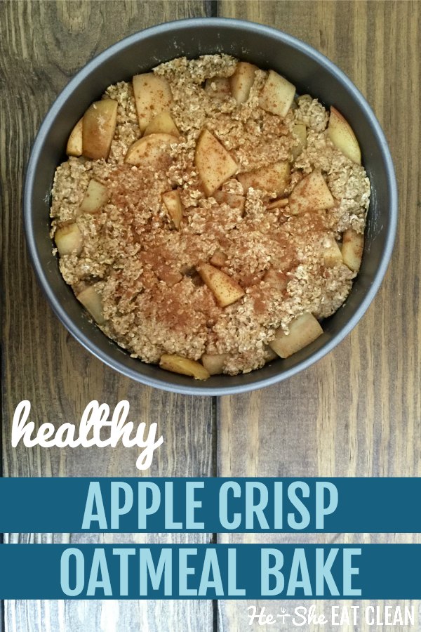 silver pan of apple oatmeal bake with text that reads healthy apple crisp oatmeal bake
