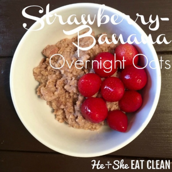 oats in a white bowl with text that reads strawberry banana overnight oats