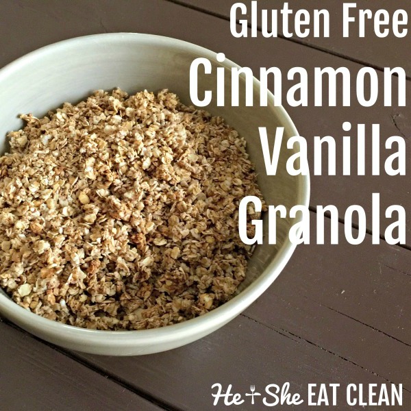 bowl of gluten free cinnamon vanilla granola on a wooden table