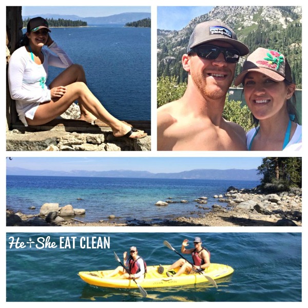 collage of pictures of male and female in Lake Tahoe kayaking and hiking