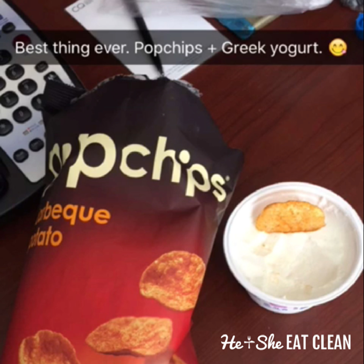 overhead picture of popchips and Greek yogurt together