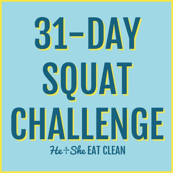 text reads 31-day squat challenge in yellow and blue text