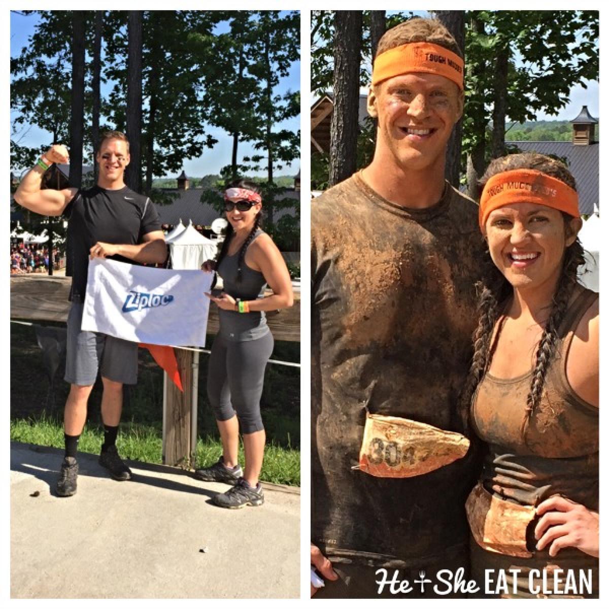 before and after photo of male and female in the Tough Mudder