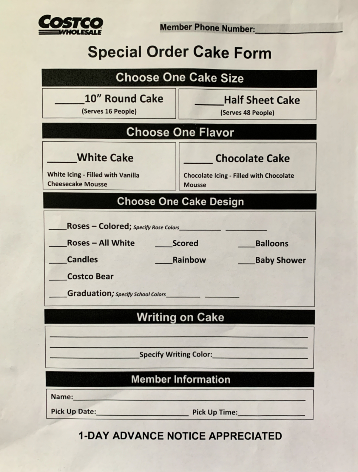 Costco cake ordering form - July 2021