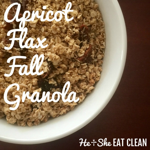 Apricot Flax Fall Granola in a white bowl on a wooden table