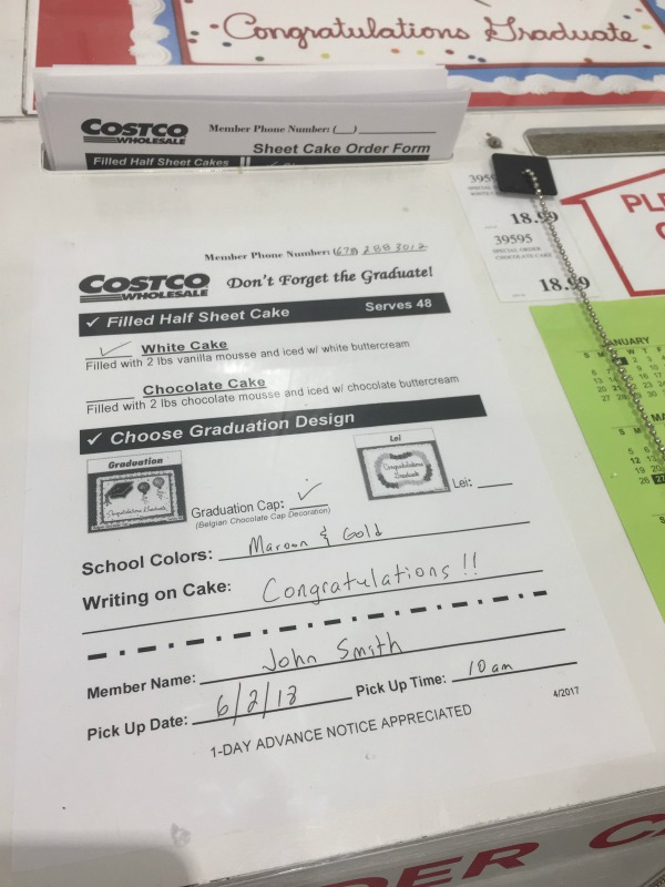 Costco graduation cake order form