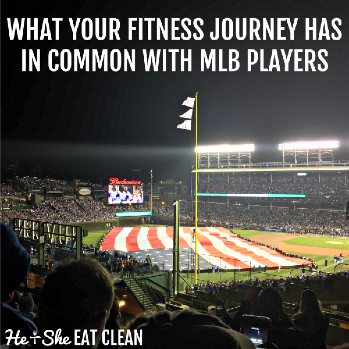 picture of Wrigley Field covered in an American Flag with text that reads What your fitness journey has in common with MLB players