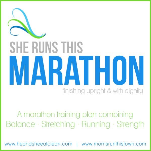 text reads she runs 26.2 finishing upright & with dignity a marathon training plan combining balance stretching running strength