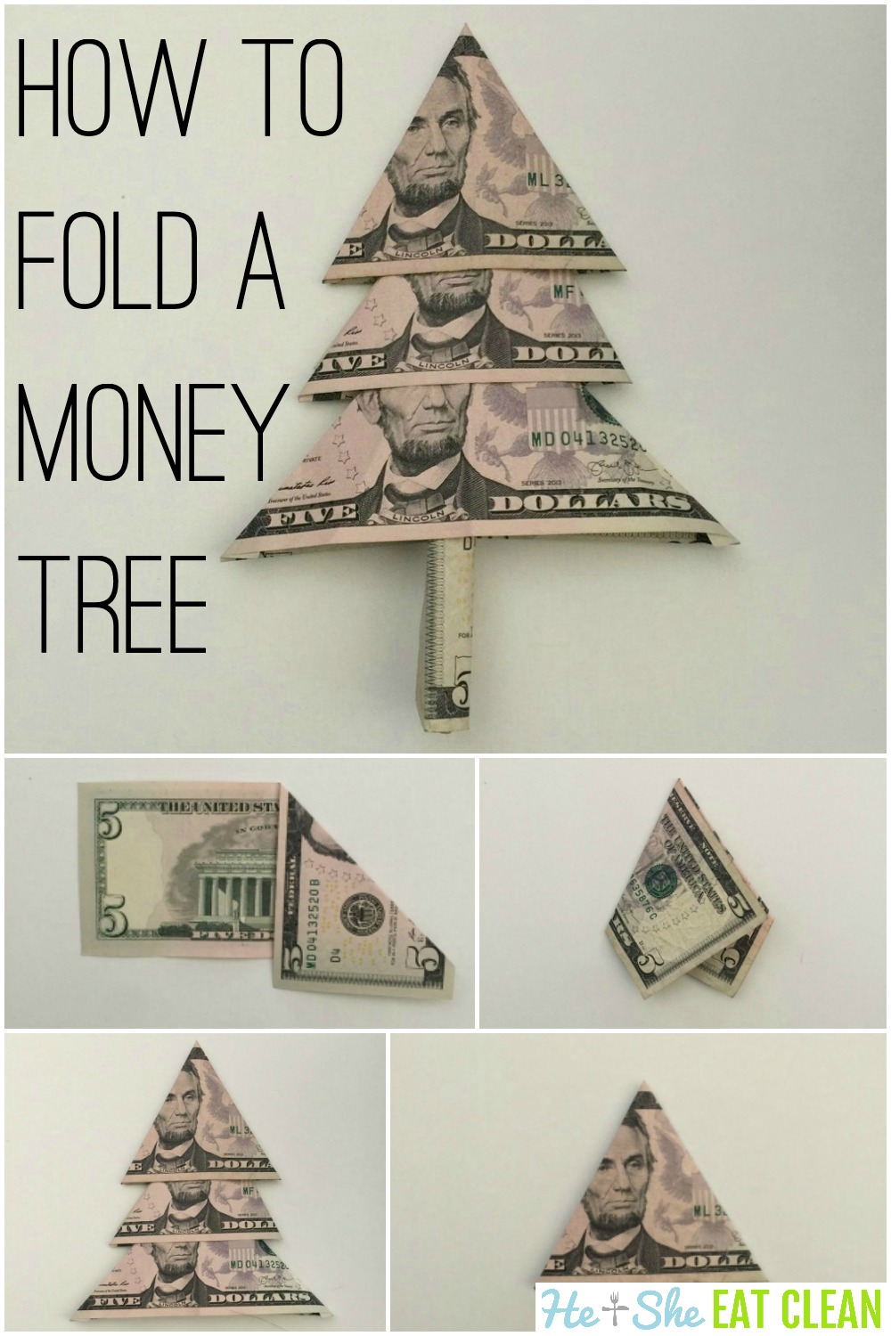 step by step tutorial collage on how to fold a money tree