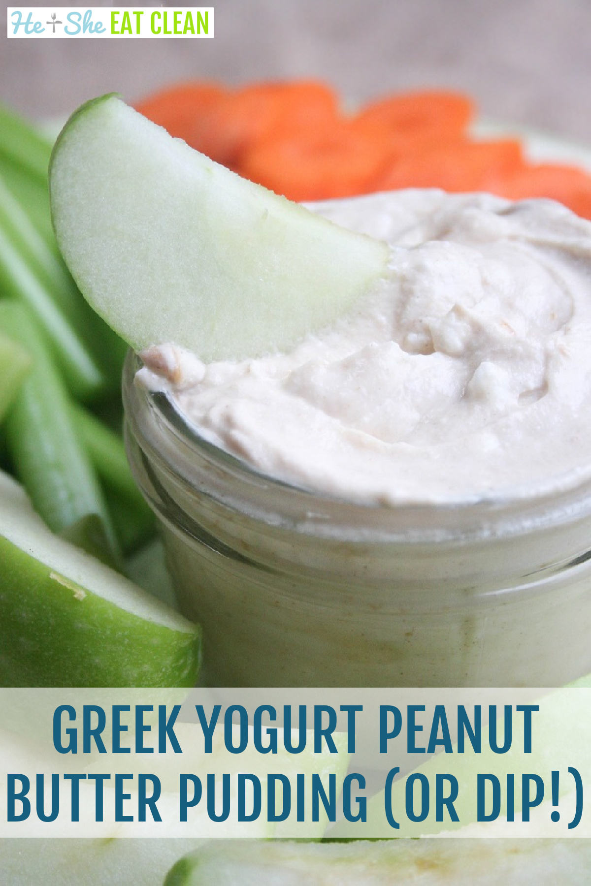 clear jar of Greek yogurt peanut butter pudding/dip with a green apple slice