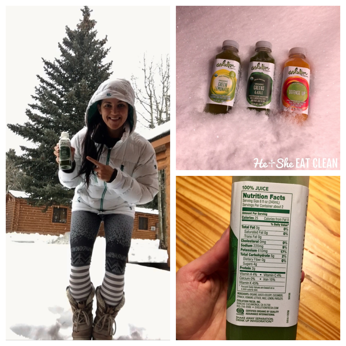 collage of 3 pictures. Female in a snow jacket, Evolution juices in the snow, and nutritional label