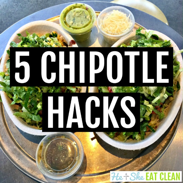 two burrito bowls with lettuce on top from Chipotle with text that reads 5 Chipotle Hacks
